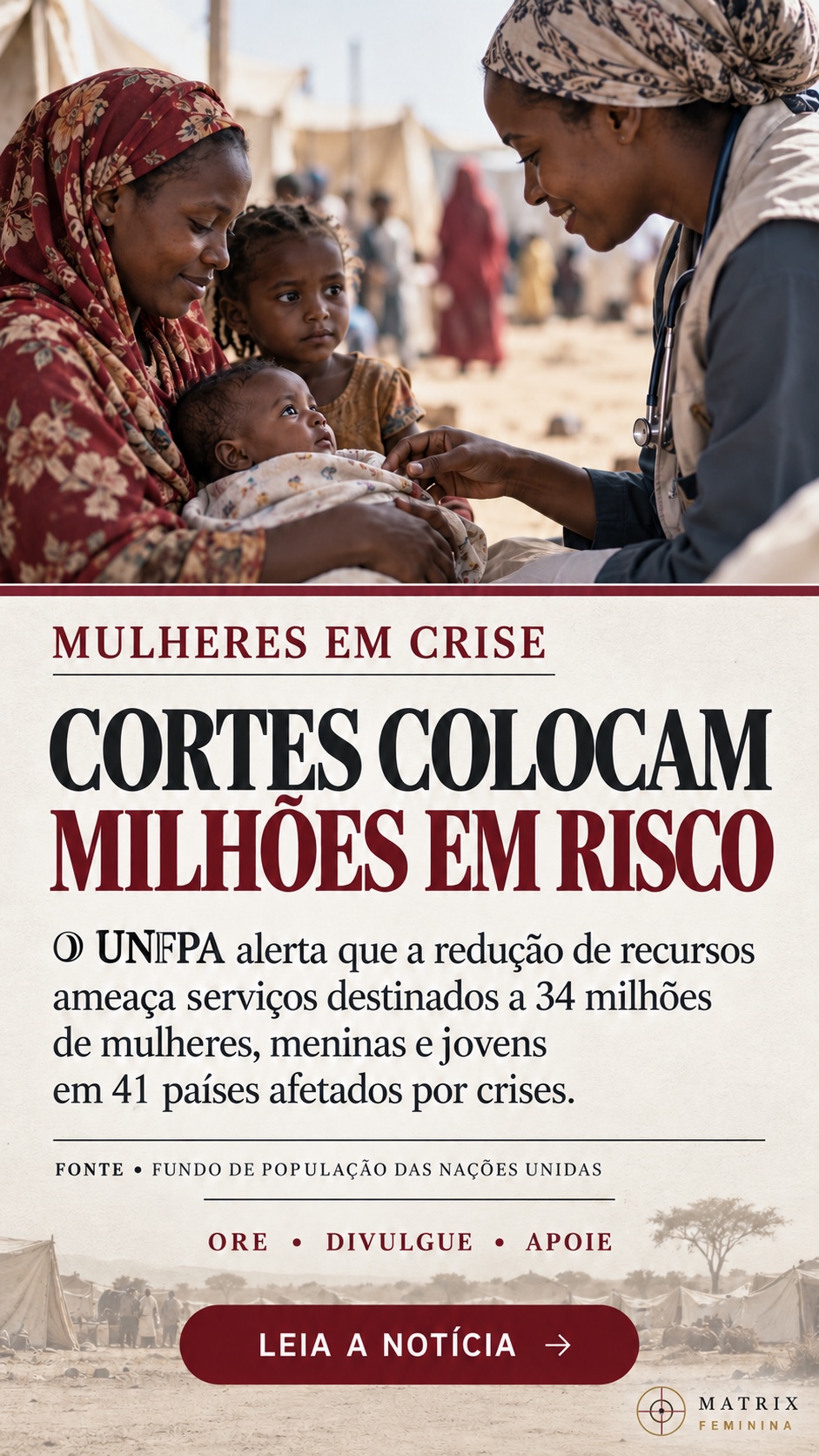 Arte sobre mulheres e crianças recebendo cuidado em uma área de crise