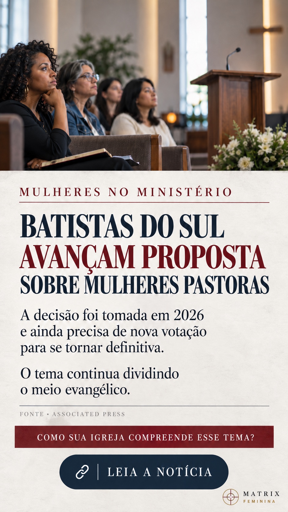 Arte com mulheres em uma igreja diante de um púlpito